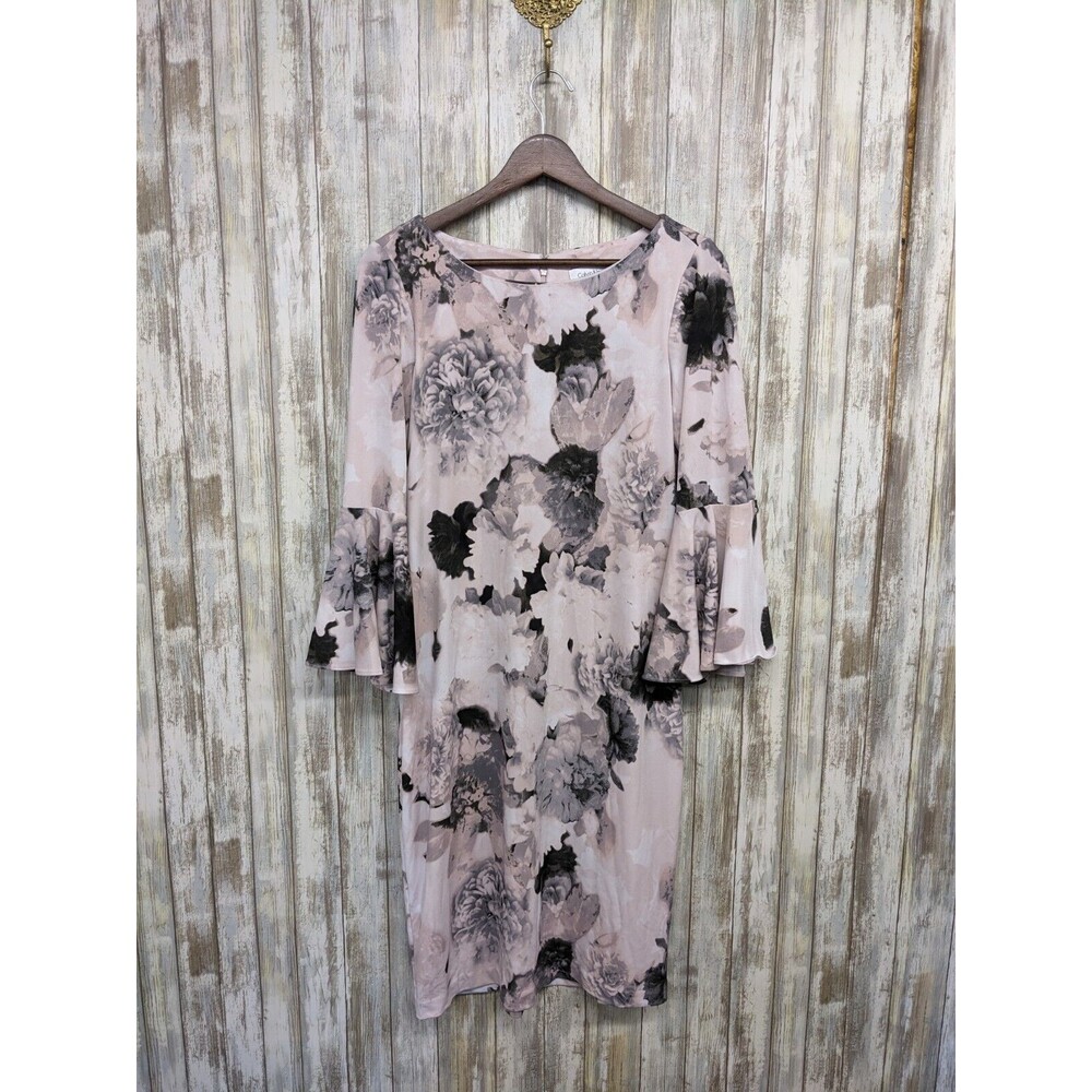 Calvin Klein Sheath Dress Cream Floral Stretch 3/4 Bell Sleeve Women's Size 8